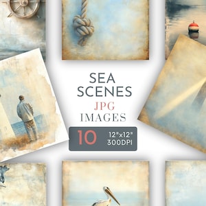 Strand Hintergründe Digitale Quadrat Papiere Meer Journal Seiten Nautische Sammelalbum Pelikan Leuchtturm Boot Sailor Kommerzielle Nutzung JPG