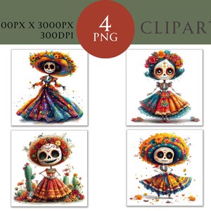 Tag der Toten Aquarell Clipart PNG Set 4, gruselige Halloween Gothic Horror Kommerzielle Nutzung, Papier Handwerk Digital Sofort Download