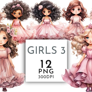 Rosa Prinzessin Mädchen Clipart Aquarell PNG, blonde Mädchen braunes Haar Mädchen Junk Journaling Aquarell niedlich kommerzielle Nutzung Sofort-Download