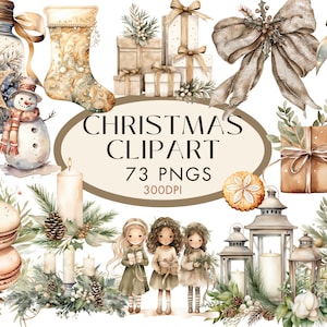 Christmas Watercolor Clipart PNG Bundle  Rustic Neutral Colors Big Bundle Christmas Clipart for Commercial Use, Digital Instant Download