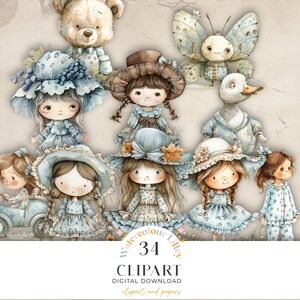 Filles lunatiques aquarelle Clipart PNG Bundle bleu lunatique vintage fille insecte indésirable Junk Journal usage commercial Téléchargement instantané numérique JJ103
