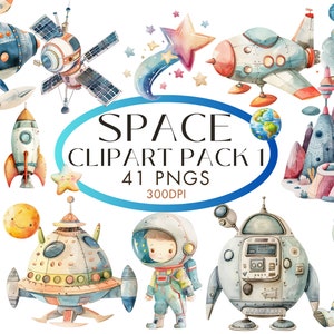 Aquarell Weltraum Clipart Bundle, Space Boy Kinderzimmer Clipart, Astronaut Raumschiff, Rakete Clipart, Sterne und Mond PNG, Instant Download