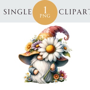 Daisy Gnome Clipart, Spring Gnome PNG Illustration, Easter Gnonk, Ideal para cartões de felicitações, artesanato, convites, projetos de papel