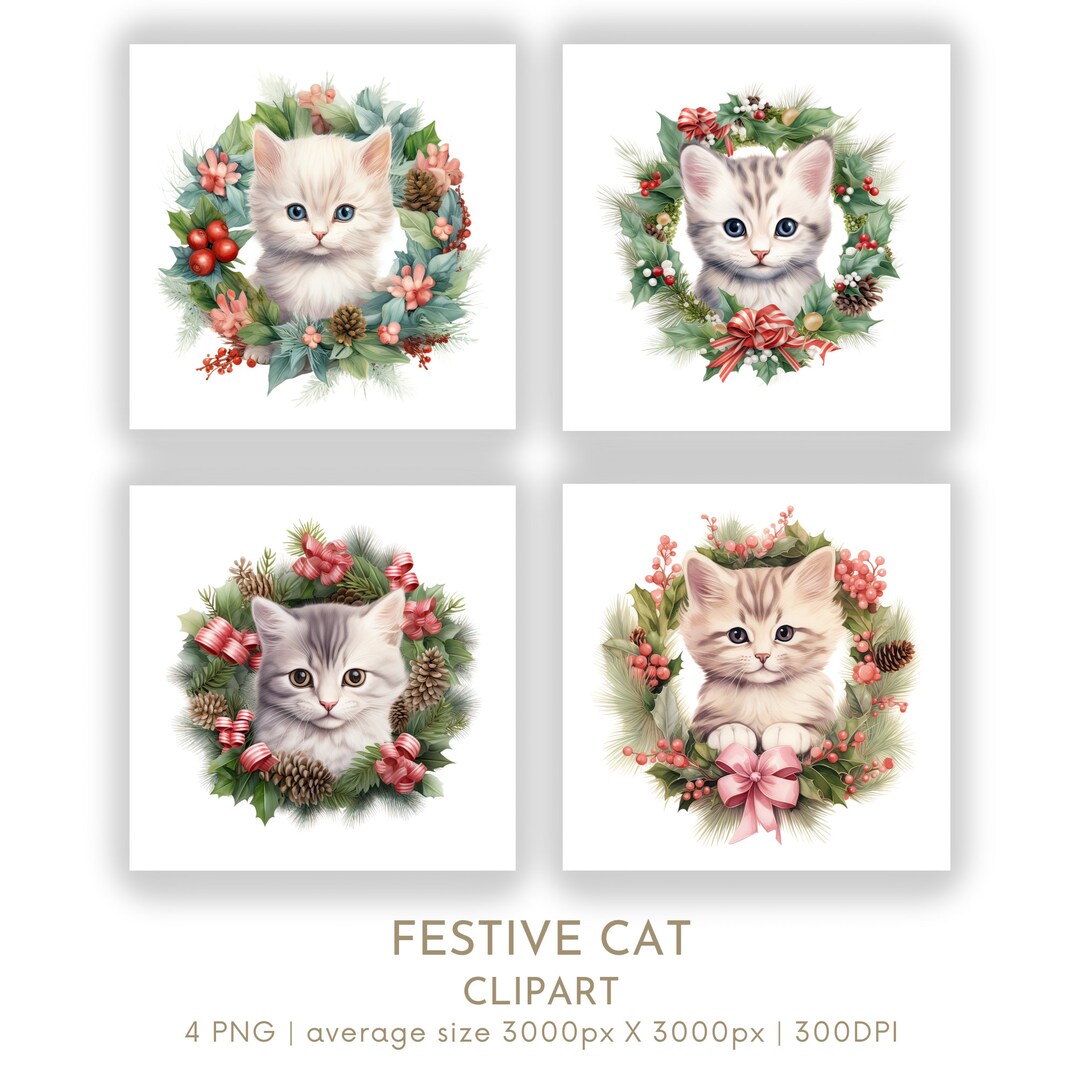 Festive Cat Watercolor Clipart PNG Set 4 , Christmas Wreath Clipart for ...