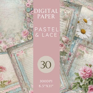 Pastel en kant Junk Journal Paper 30 vintage afdrukbare pagina's met zachte bloemen, kant met knopen voor scrapbooking en ongewenste tijdschriften JPG 8.5 x 11