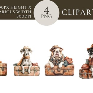 Ilustrações de clipart de cachorro caprichosas e encantadoras em malas vintage para artesanato com tema de viagem, arte digital, scrapbooking e adesivos