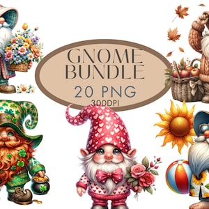 Pacote de PNG de clipart de gnomo, dia dos namorados, dia de São Patrício, verão, primavera, outono clipart de aquarela para uso comercial, download instantâneo digital