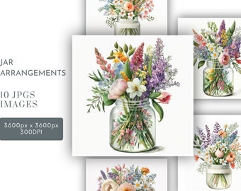 Spring Flower Bouquet  Watercolor Clipart JPG, Paper Crafting, Easter Watercolor Wall Art Commercial Use Digital Instant Download