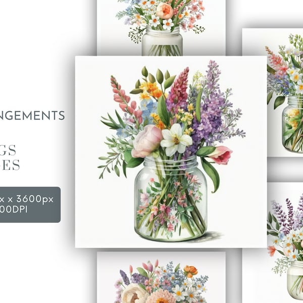 Spring Flower Bouquet  Watercolor Clipart JPG, Paper Crafting, Easter Watercolor Wall Art Commercial Use Digital Instant Download