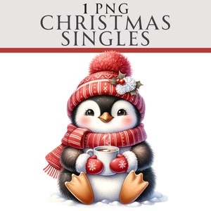 Cute Penguin Clipart, Natal Cocoa Winter PNG, Ilustração de inverno, Ideal para cartões de felicitações, artesanato, berçário e criação de convites