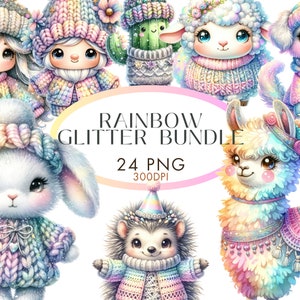 Regenbogen Glitter Clipart PNG Bundle Lama Igel Lamm Hund Kaktus Mädchen Gnome Aquarell Clipart für kommerzielle Nutzung Digital Sofort Download