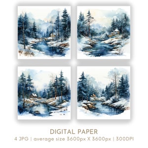 Conjunto de papel digital de floresta de neve de inverno 4 JPG Cartão festivo Fazendo Natal Feriados Diário de lixo Scrapbook Download instantâneo digital