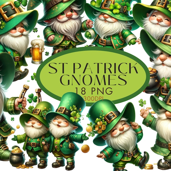 St Patricks Day Gnome Clipart PNG Bundle, Shamrock Gnome Watercolor Clipart for Commercial Use Ireland Gonks Digital Instant Download