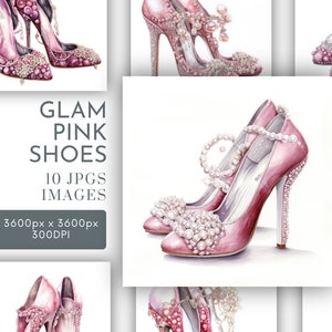 Chaussures de bal roses avec paillettes perles Glamour aquarelle Clipart JPG, journal indésirable, fabrication de cartes à usage Commercial téléchargement numérique instantané