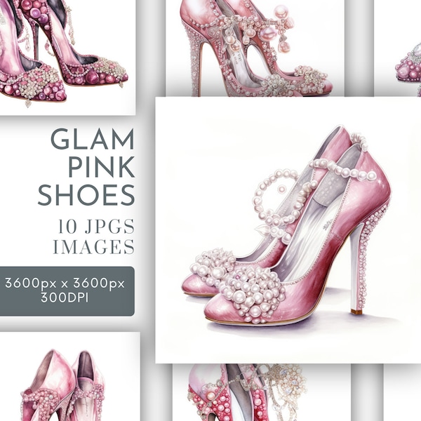 Rosa Abschlussball-Schuhe mit Pailletten Perlen Glamour Aquarell Clipart JPG, Junk Journaling, Kartenherstellung Kommerzielle Nutzung Digital Sofort Download