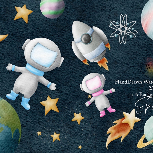 Space Watercolor Illustration, Blue Spaceman Pink Space girl, Stars Planets Commercial Use Clipart, Templett, Corjl & Canva Friendly