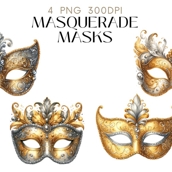 Masquerade Gold Masks Clipart Watercolor PNG Set 4 Venetian Mask, Mardi Gras Carnival Commercial Use Paper Crafts Digital Instant Download