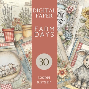 Farm Days Junk Journal Paper – 30 JPG-afdrukbare rustieke boerderijpagina's met schuren, dieren, zonnebloemen en landelijke sfeer