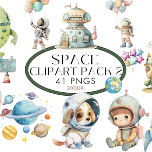Aquarell Weltraum Clipart Bundle, Space Boy Kinderzimmer Clipart, Astronaut Raumschiff, Rakete Clipart, Sterne und Mond PNG, Instant Download