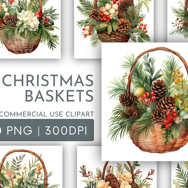 Christmas Basket clipart Pack, Christmas Foliage Basket Clipart for Commercial Use Transparent PNG Scrapbook Crafting Junk Journal Clipart