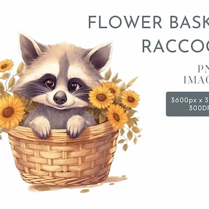 Clipart aquarelle de raton laveur dans un panier de fleurs PNG, animaux, clipart de chambre d'enfant, usage Commercial des cliparts, Templett, Corjl & Canvas Friendly