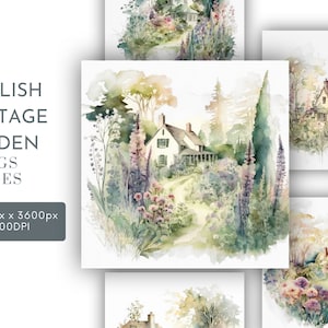 Clipart aquarelle jardin cottage anglais JPG, dessins de fond, journalisation indésirable, art mural paisible usage Commercial téléchargement immédiat