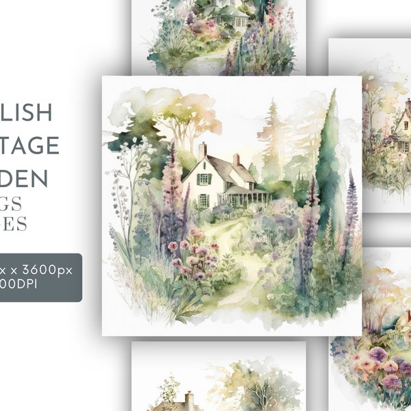 English Cottage Garden Watercolor Clipart JPG, Background Designs Junk Journaling Peaceful Wall Art Commercial Use Instant Download