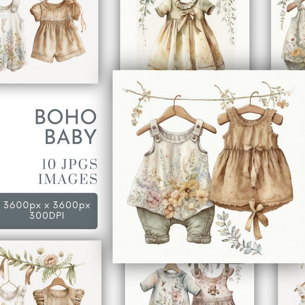 Boho Baby Clothes Watercolor Clipart JPG, Neutral Nursery Junk Journaling, Watercolor Card Making Commercial Use Digital Instant Download