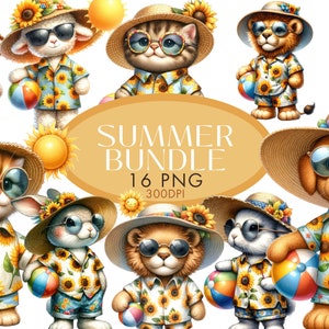 Zomer clipart PNG bundel teddybeer puppy kitten leeuw olifant lam zonneschijn aquarel clipart voor commercieel gebruik Digitale Instant Download