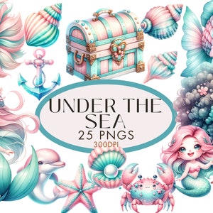 Sereia Clipart PNG Peixe Estrela do Mar Baú do Tesouro Seachells Clipart Aquarela Sob o Mar Lixo Diário Uso Comercial Download Instantâneo