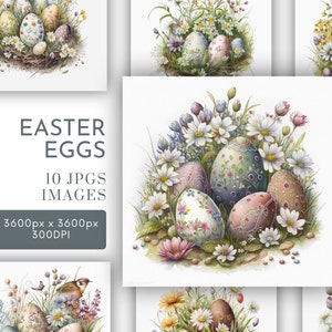 Clipart de huevos de Pascua en formato JPG, planificador digital de flores de primavera, diario basura, arte de pared con acuarela de Pascua, uso comercial, descarga digital instantánea