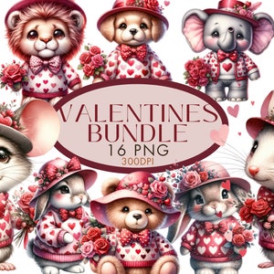 Paquete de imágenes prediseñadas de San Valentín, oso de peluche, cachorro, gatito, león, elefante, cordero, acuarela, imágenes prediseñadas para uso comercial, descarga digital instantánea