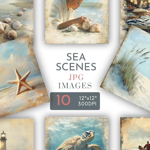 Beach Backgrounds Digital Square Papers Sea Journal Pages Nautical Scrapbook Turtle Lighthouse Boat Driftwood Commercial Use JPG