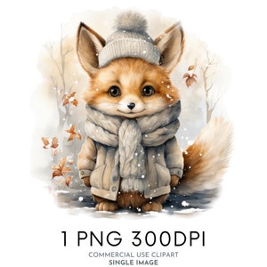 Hiver mignon renard aquarelle Clipart PNG, des cliparts animaux de la forêt, des cliparts pour chambre d'enfant à usage Commercial des cliparts, Templett, Corjl & Canva Friendly