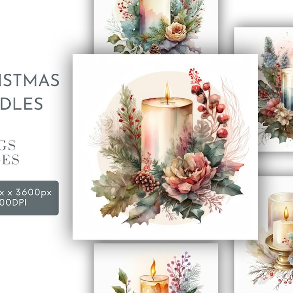 Candle with Christmas Flowers  Watercolor Clipart JPG, Paper Crafting, Festive  Watercolor Wall Art Commercial Use Digital Instant Download