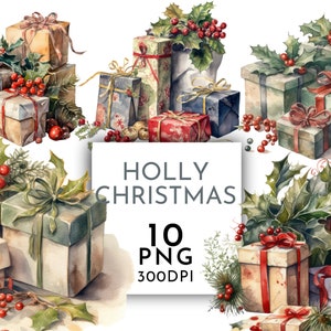 Clipart PNG de acuarela de regalos de Navidad y acebo, paquetes navideños, uso comercial de diario basura, descarga instantánea