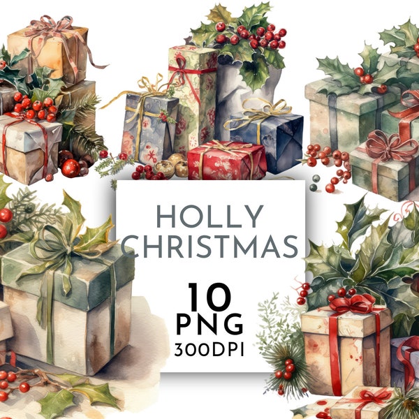 Holly en kerstcadeautjes aquarel clipart PNG, kerstpakketten, junk journaling commercieel gebruik direct downloaden