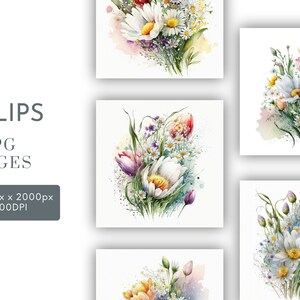 Bouquet de tulipes printanières aquarelle Clipart JPG, journalisation indésirable, aquarelle florale art mural usage Commercial téléchargement numérique instantané