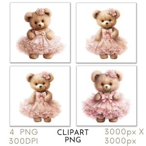 Pink Tutu Teddy  Illustration Watercolor Clipart PNG Set 4, Birthday Christening Commercial Use, Paper Crafts Digital Instant Download