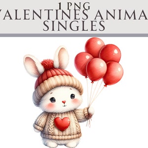 Clipart de coelho de dia dos namorados, balões, corações, PNG, ilustração de inverno, ideal para cartões de felicitações, artesanato, berçário e criação de convites