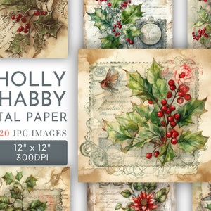 Victoriaanse Holly Papers Achtergronden Digitaal, Shabby Vintage Square Papers, Journal Pages Christmas Scrapbook Cards Gifts Commercieel gebruik JPG
