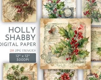 Victorian Holly Digital Paper: Shabby Christmas Scrapbook Backgrounds (JPG)