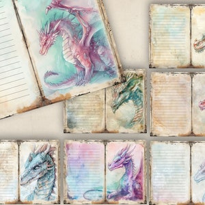 Dragon Journal Pages, 7 Shabby Chic Junk Journal Digital Paper Printable Lined Paper Scrapbook 11 x 8.5 JPG Download
