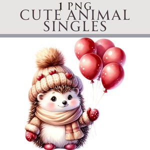 Clipart de ouriço de dia dos namorados, balões de corações PNG, ilustração de inverno, ideal para cartões de felicitações, artesanato, berçário e criação de convites