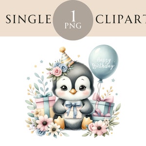Clipart de pingüino de cumpleaños, arte de pared de animales de fiesta de cumpleaños, gráficos PNG, globos, regalos, flores, clipart, decoración de guardería, uso comercial PNG