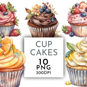 Cupcakes aquarelle Clipart PNG, Cup Cakes fraise chocolat Orange, courrier indésirable pour usage Commercial, téléchargement immédiat