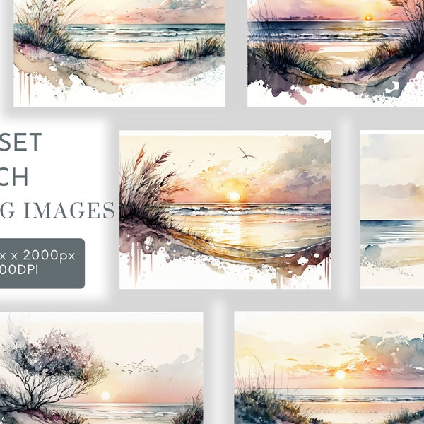 Beach Watercolor Clipart JPG, Background Designs , Junk Journaling, Sunset Watercolor Wall Art Commercial Use Digital Instant Download