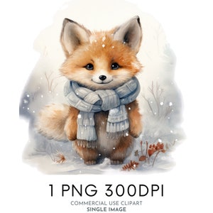 Hiver mignon renard aquarelle Clipart PNG, des cliparts animaux de la forêt, des cliparts pour chambre d'enfant à usage Commercial des cliparts, Templett, Corjl & Canva Friendly