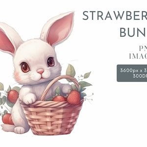 Fraise lapin aquarelle Clipart PNG, des cliparts animaux de la forêt, des cliparts de chambre d'enfant à usage Commercial des cliparts, Templett, Corjl & Canva Friendly
