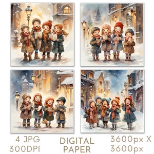 Christmas Carollers Digital Paper Set 4 JPG Christmas Card Making Festive Junk Journal Pages Scrapbook Digital Instant Download